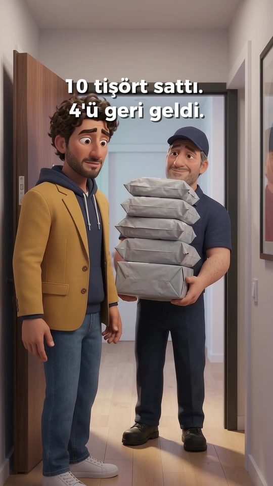 Hata #5 bölümünden bir kare: Zafer kapıda, kurye elinde üst üste iade kolileriyle duruyor. Ekranda “10 tişört sattı. 4’ü geri geldi.” yazıyor.